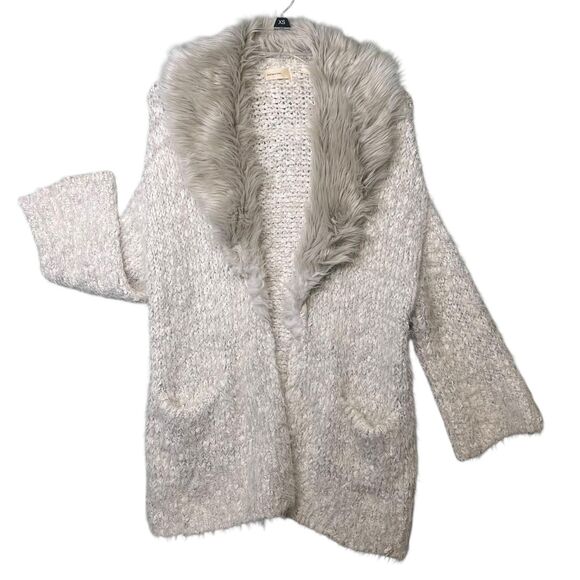 Sleeping on Snow Sweater Womens XS Beige Faux Fur Collar Open Cardigan Bohemian - Picture 2 of 12